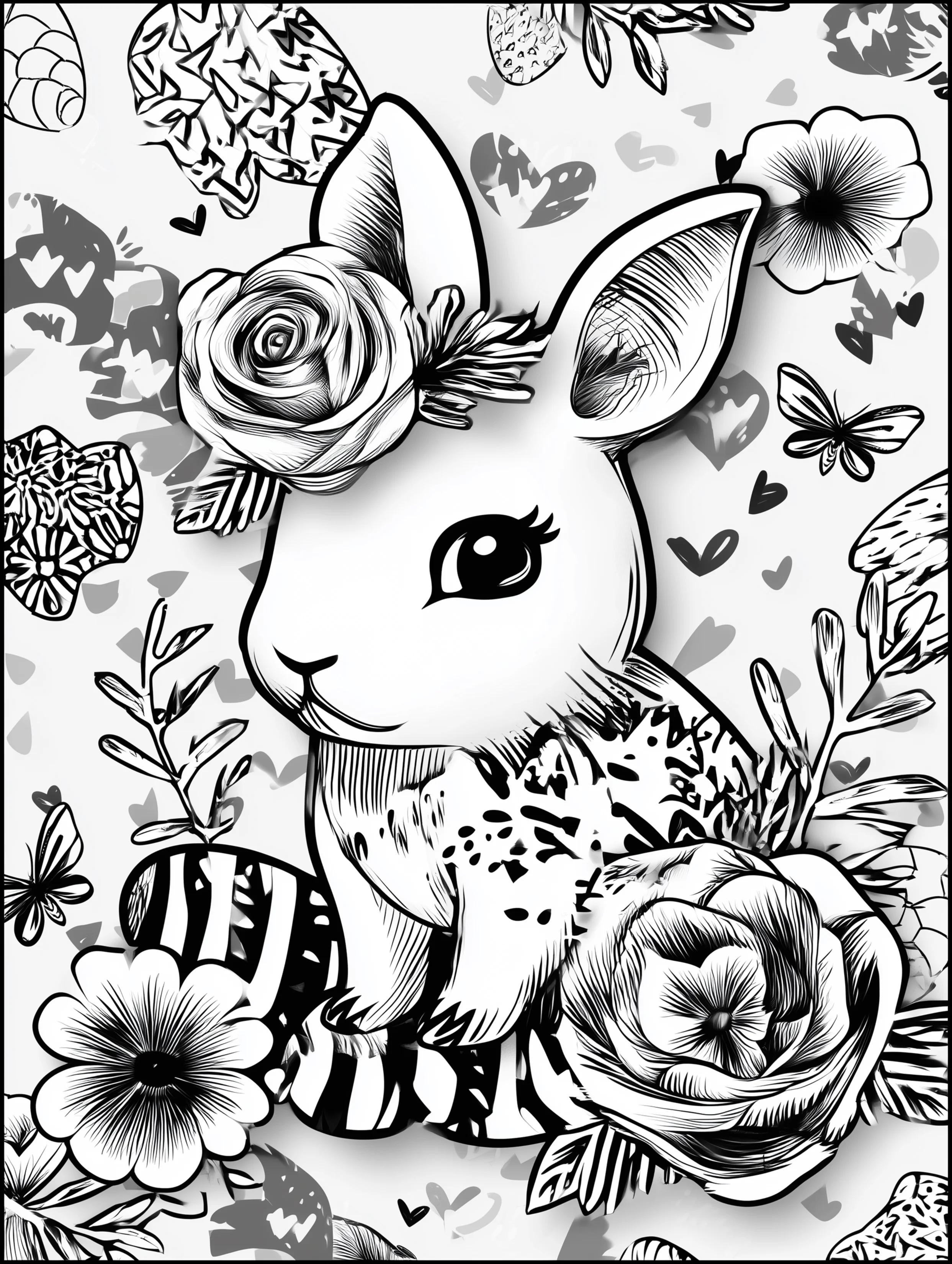 Free printable coloring page for adults featuring a cute floral bunny